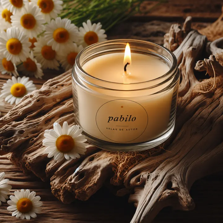 A Pabilo candle in its jar, on a piece of driftwood surrounded by daisies